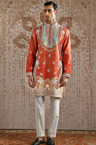 Orange embroidered chanderi silk kurta set
