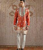 Orange embroidered chanderi silk kurta set