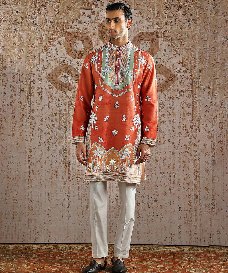 Orange embroidered chanderi silk kurta set