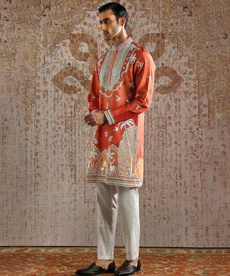 Orange embroidered chanderi silk kurta set 2