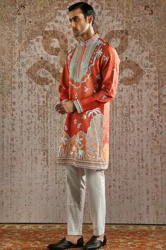 Orange embroidered chanderi silk kurta set
