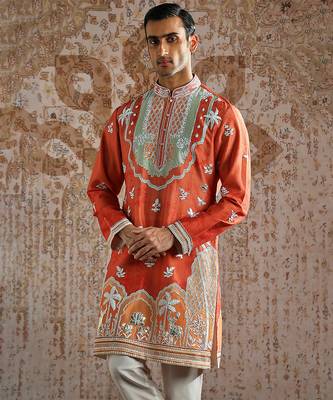 Orange embroidered chanderi silk kurta set 3