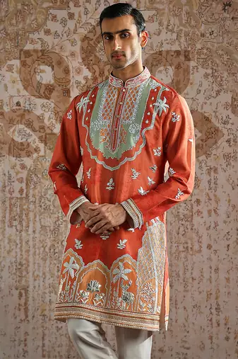 Orange embroidered chanderi silk kurta set