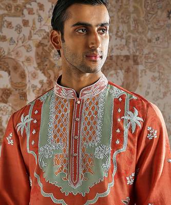 Orange embroidered chanderi silk kurta set 4