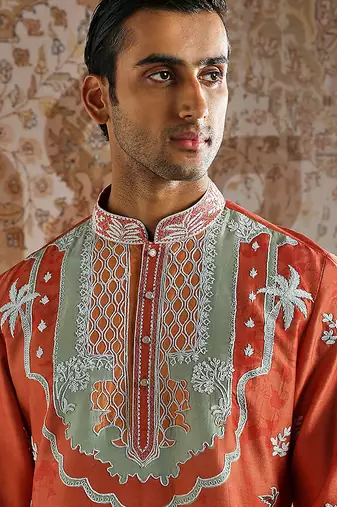 Orange embroidered chanderi silk kurta set