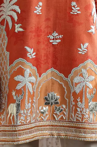 Orange embroidered chanderi silk kurta set