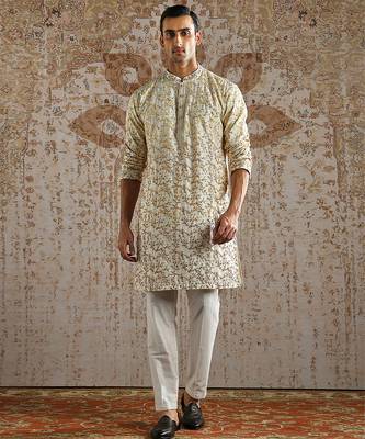 White embroidered chanderi silk kurta set 1