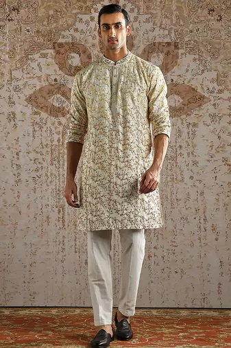 White embroidered chanderi silk kurta set