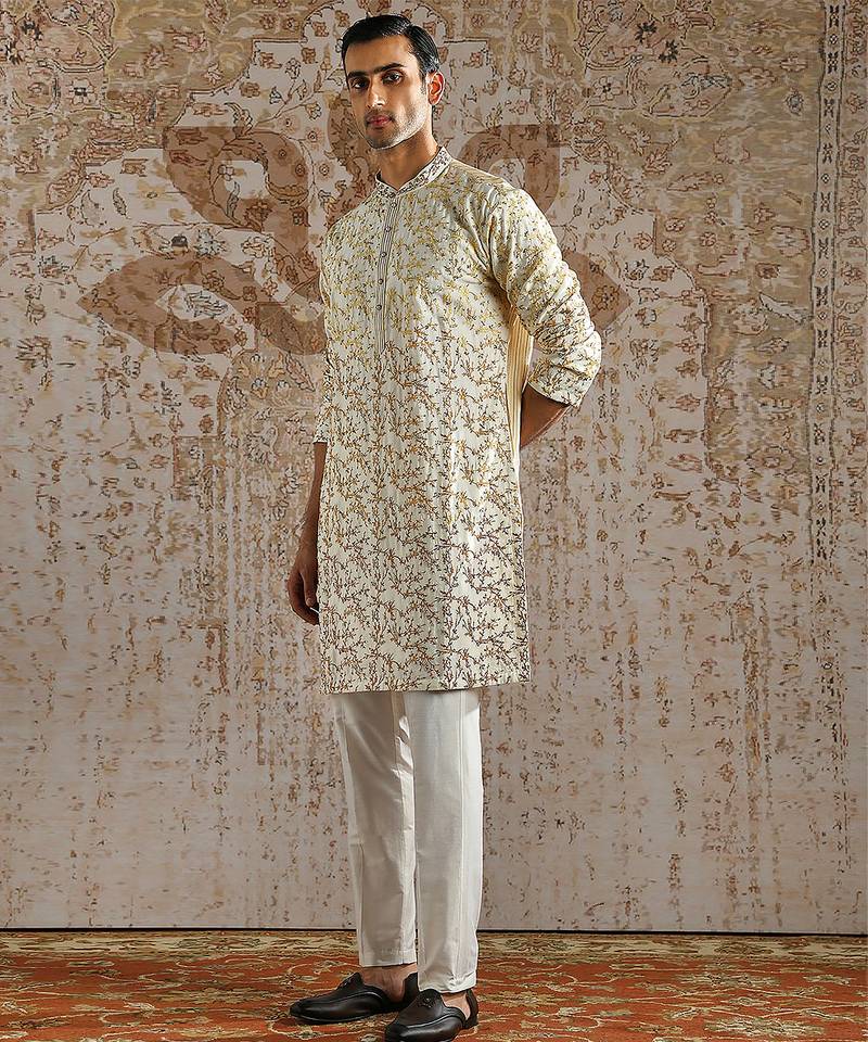 White embroidered chanderi silk kurta set