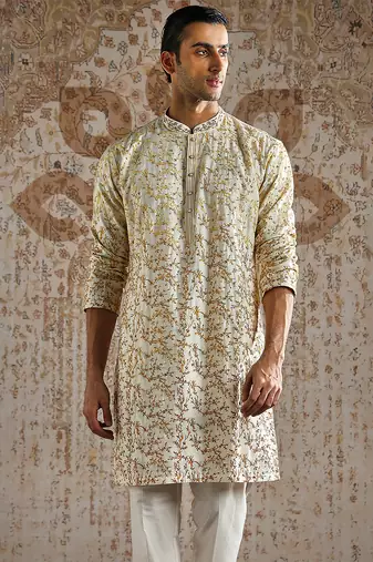 White embroidered chanderi silk kurta set