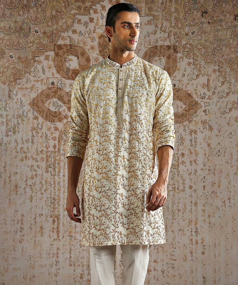 White embroidered chanderi silk kurta set
