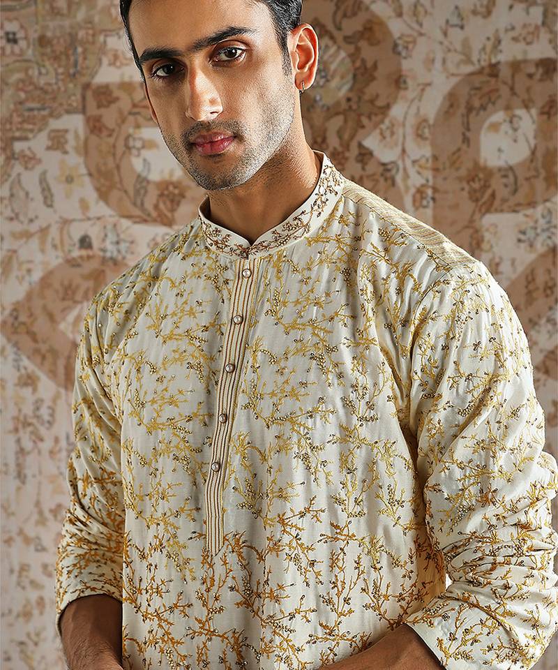 White embroidered chanderi silk kurta set
