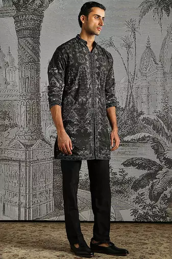 Black print chanderi kurta set
