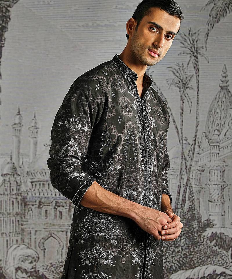 Black print chanderi kurta set