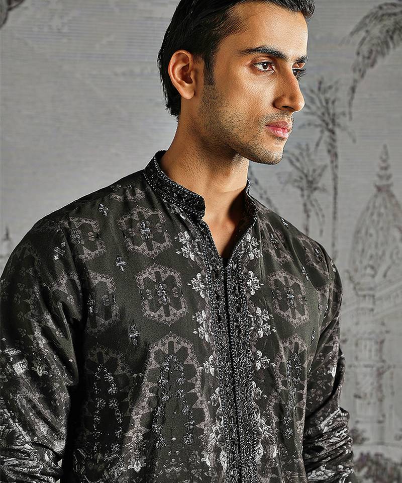Black print chanderi kurta set
