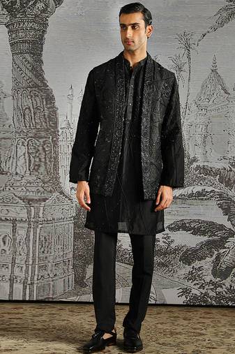 Black embroidered raw silk kurta bundi set