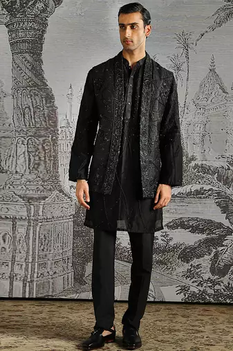 Black embroidered raw silk kurta bundi set