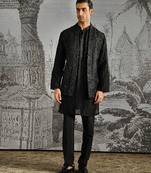 Black embroidered raw silk kurta bundi set