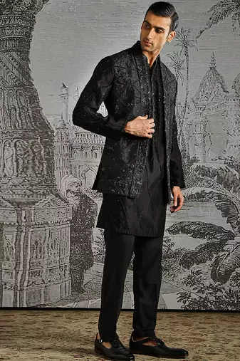Black embroidered raw silk kurta bundi set