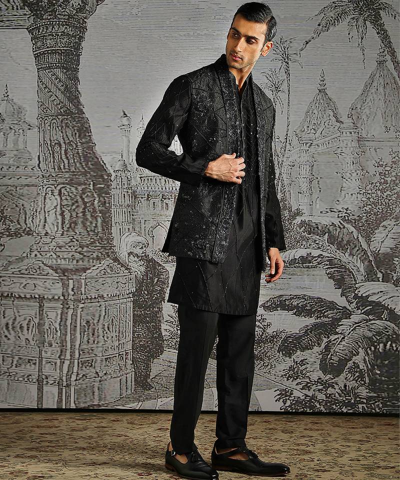 Black embroidered raw silk kurta bundi set
