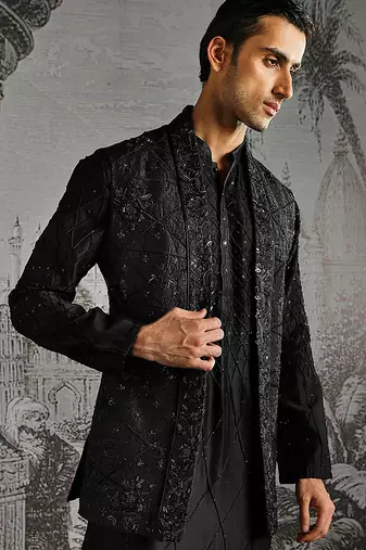 Black embroidered raw silk kurta bundi set
