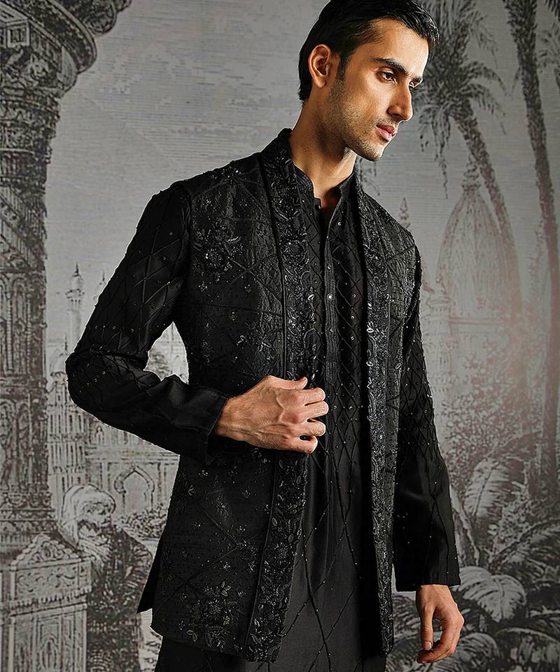Black embroidered raw silk kurta bundi set