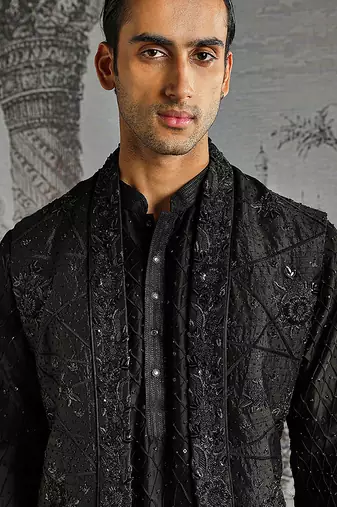 Black embroidered raw silk kurta bundi set