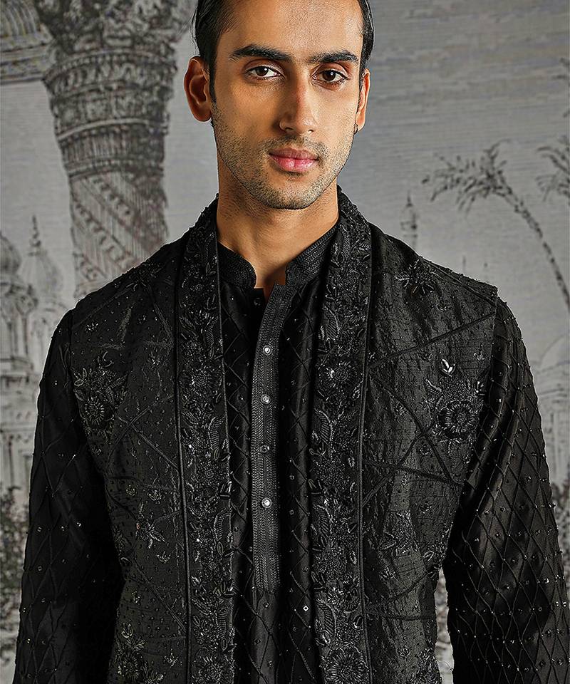 Black embroidered raw silk kurta bundi set
