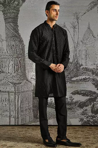 Black embroidered raw silk kurta bundi set