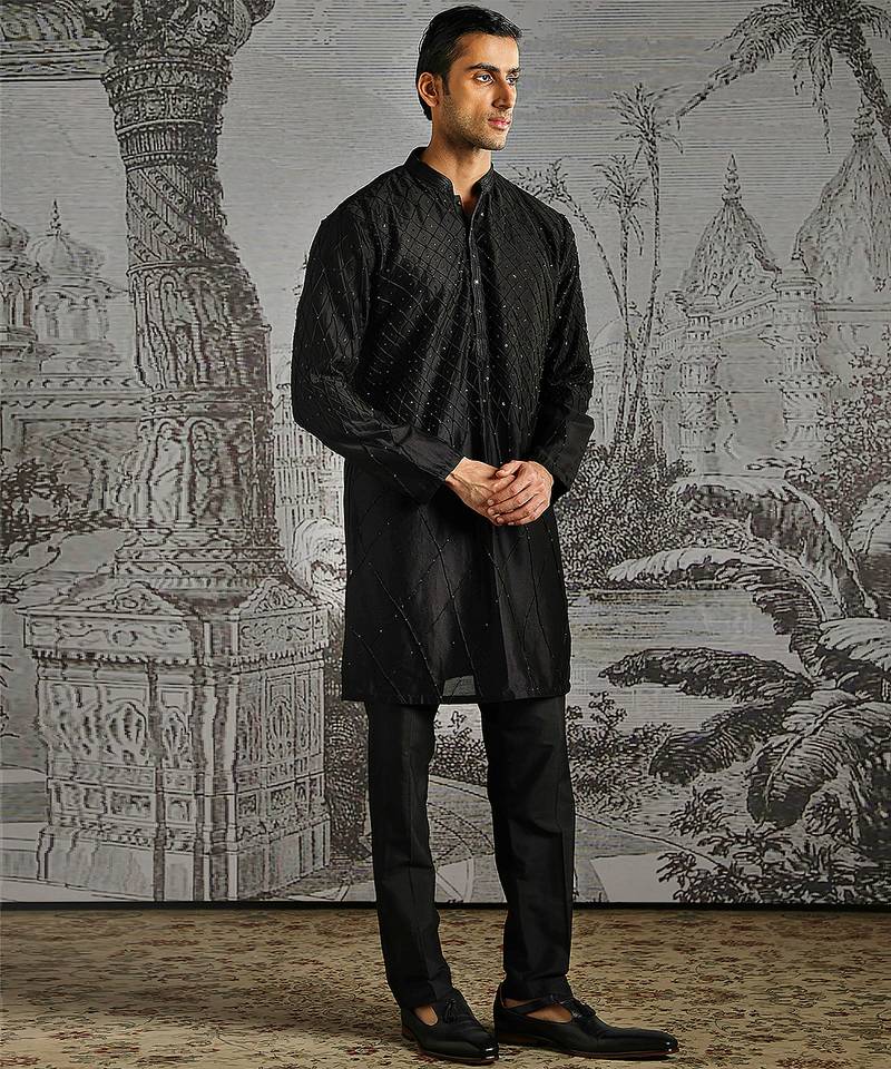 Black embroidered raw silk kurta bundi set