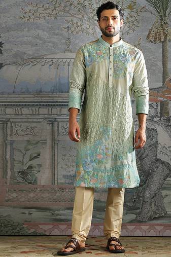 Aqua Pastel embroidered chanderi silk kurta set