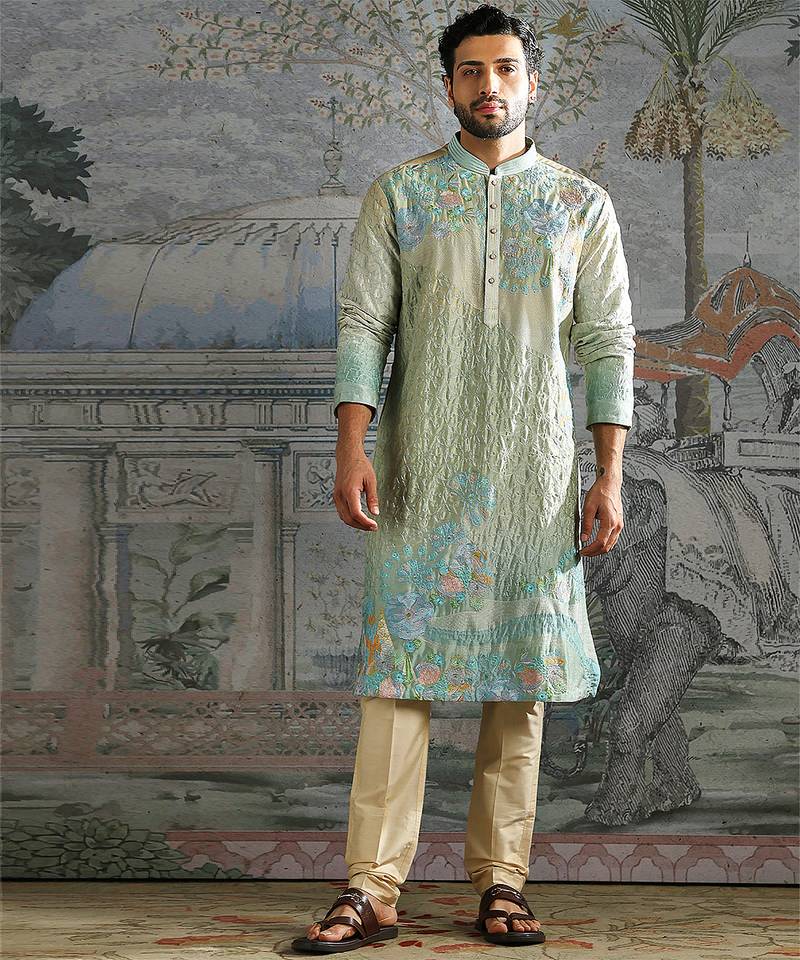 Aqua Pastel embroidered chanderi silk kurta set