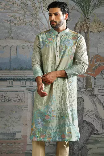 Aqua Pastel embroidered chanderi silk kurta set