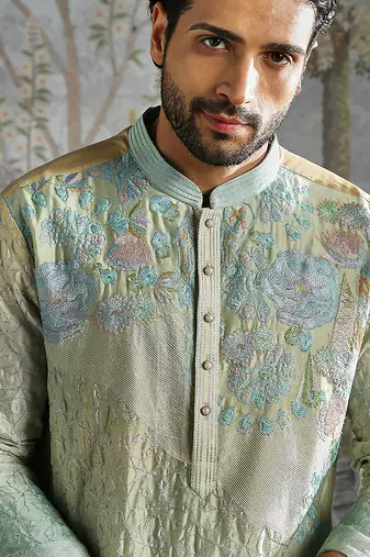 Aqua Pastel embroidered chanderi silk kurta set