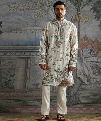 White embroidered chanderi silk kurta set 1