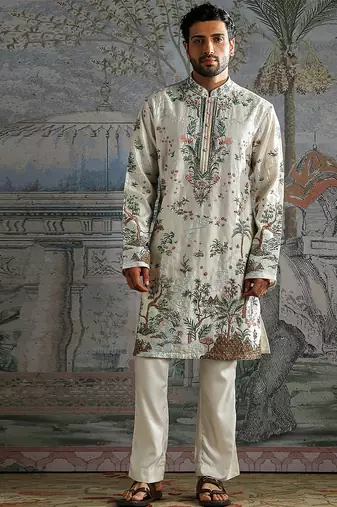White embroidered chanderi silk kurta set