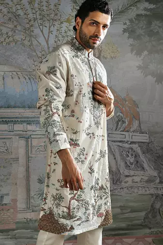 White embroidered chanderi silk kurta set