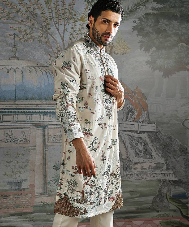 White embroidered chanderi silk kurta set