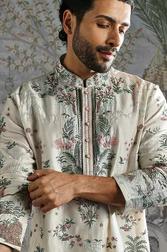 White embroidered chanderi silk kurta set