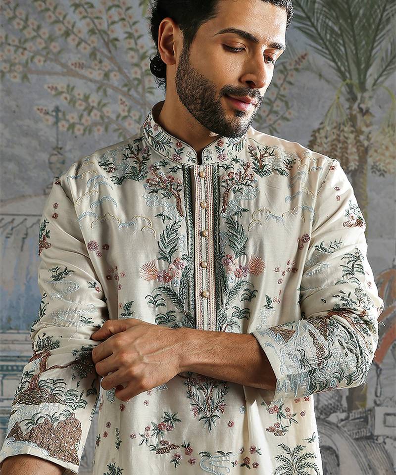 White embroidered chanderi silk kurta set