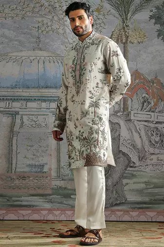White embroidered chanderi silk kurta set