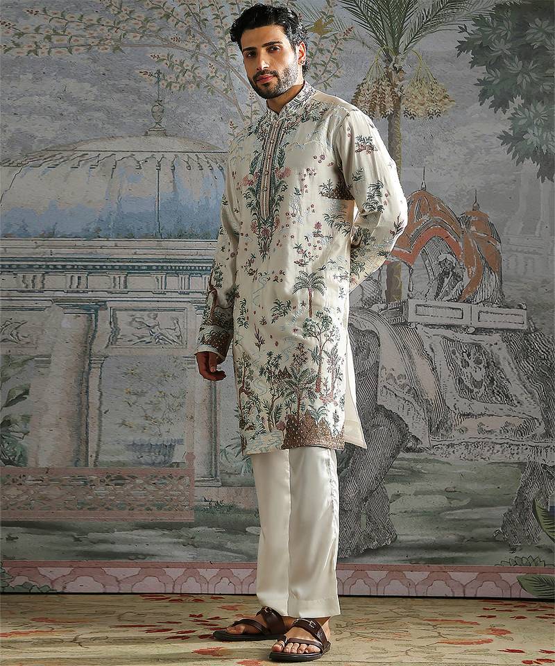 White embroidered chanderi silk kurta set