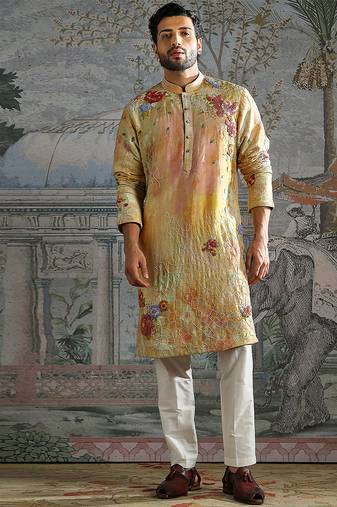 Yellow printed chanderi silk kurta set
