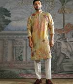 Yellow printed chanderi silk kurta set