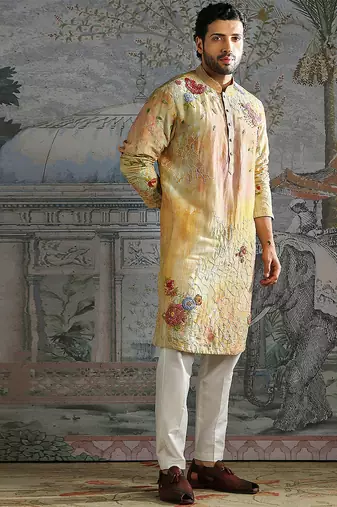 Yellow printed chanderi silk kurta set