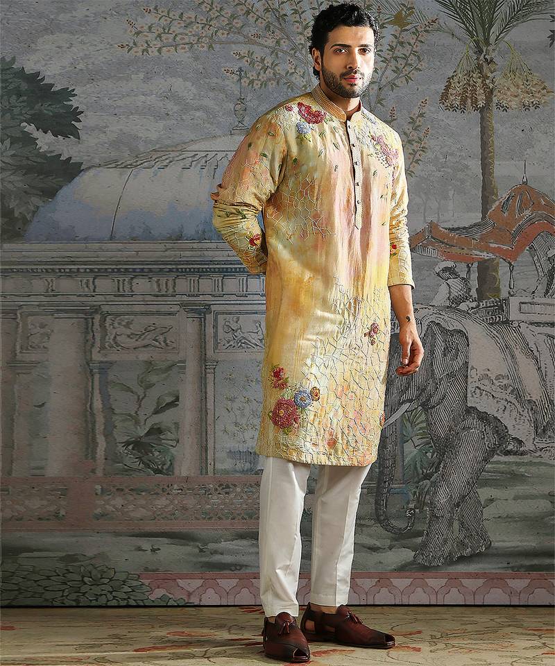 Yellow printed chanderi silk kurta set