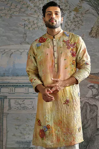 Yellow printed chanderi silk kurta set