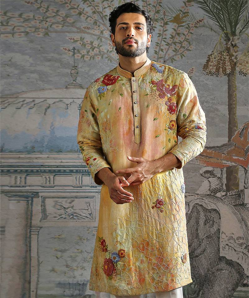 Yellow printed chanderi silk kurta set