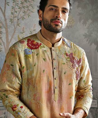 Yellow printed chanderi silk kurta set 4