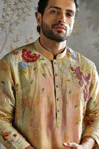 Yellow printed chanderi silk kurta set